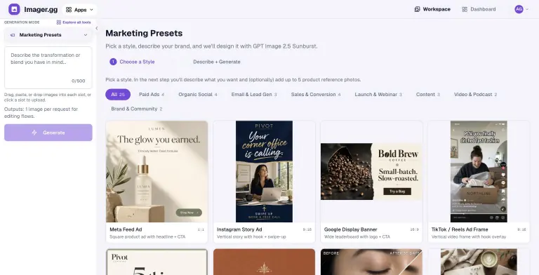 Marketing Presets style gallery with category tabs and example ads: Meta Feed Ad, Instagram Story Ad, Google Display Banner and TikTok Reels Ad Frame