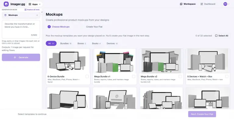 Mockups step 1 Choose Mockups with category tabs All 32, Bundles, Boxes, Books, Devices and a grid of device and product bundle mockup templates
