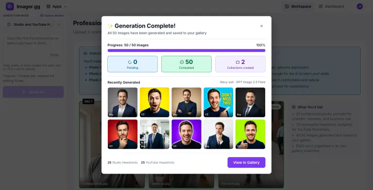 Imager.gg Studio and YouTube Headshots workspace with three reference photos uploaded and a Generation Complete dialog showing 50 of 50 images done and a grid of navy-suit studio portraits and bold-color YouTube expression headshots of the same person