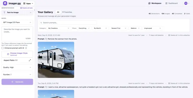 Imager workspace with Text-to-Image sidebar (GPT Image 2.5 Flare model, prompt box, Enhance prompt, Imager Style, aspect ratio, quality, number) beside a gallery showing 45 generations and 104 images