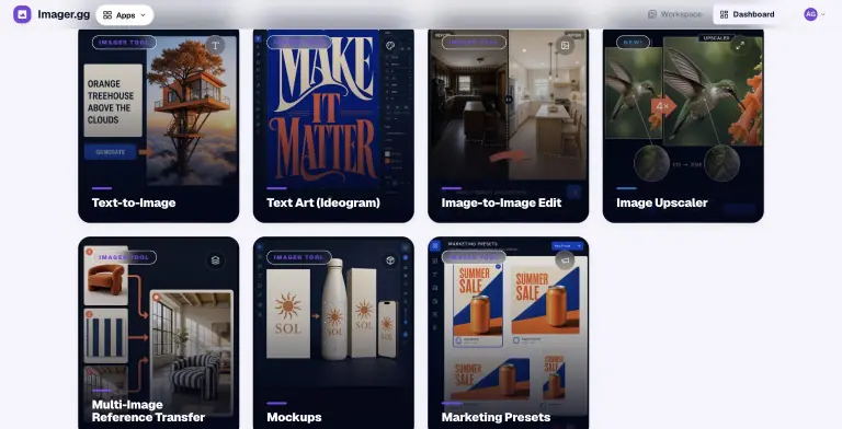 Grid of poster-style tool cards: Text-to-Image, Text Art (Ideogram), Image-to-Image Edit, Image Upscaler, Multi-Image Reference Transfer, Mockups and Marketing Presets