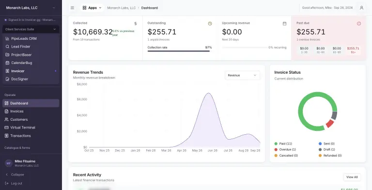 Invoicer.gg dashboard, Year to date view: KPI cards for $10,669.32 collected, $255.71 outstanding with a 97% collection rate, $0 upcoming and $255.71 past due by aging bucket, a monthly Revenue Trends area chart peaking near $7,000 in June, and an Invoice Status donut with 11 paid, 1 overdue and 1 draft.