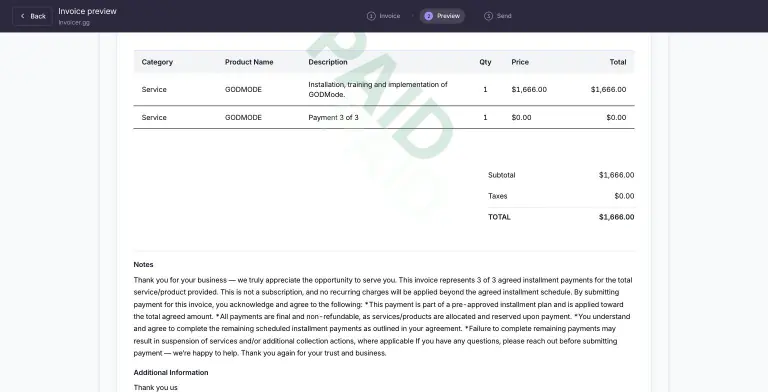 Invoice preview with a PAID watermark: line items for the GODMODE service at $1,666.00 marked Payment 3 of 3, a subtotal, taxes and a $1,666.00 total, and an installment-terms notes section.