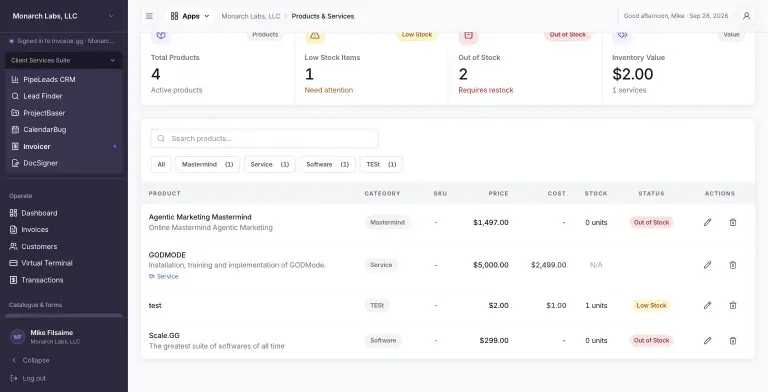 Products & Services catalogue with stat cards for 4 total products, 1 low stock, 2 out of stock and $2.00 inventory value, category filter chips, and a table of products with category, price, cost, stock and status badges.