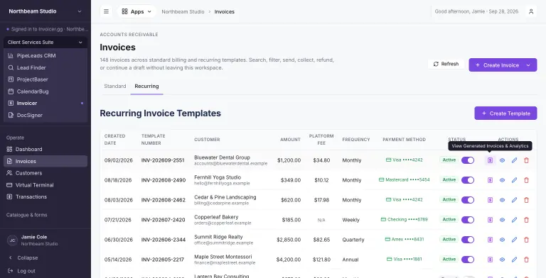 Invoices page, Recurring tab, listing recurring invoice templates with created date, template number, customer, amount, platform fee, weekly, monthly, quarterly or annual frequency, stored payment method (card or checking account), and Active or Paused status toggles. A tooltip on the first row reads View Generated Invoices & Analytics.