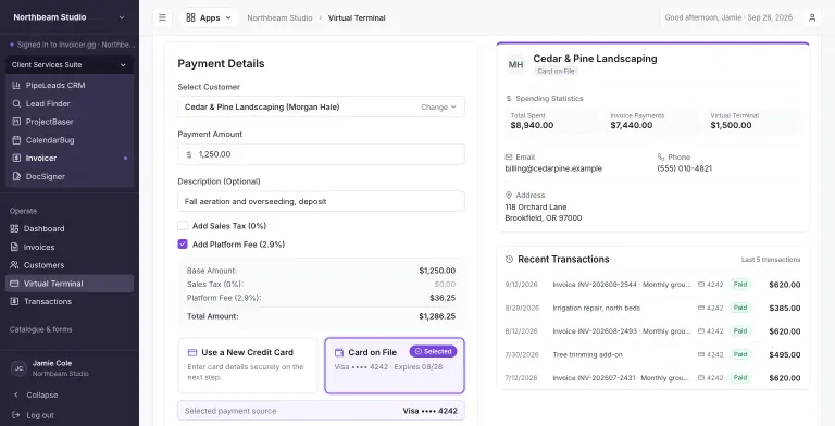 Virtual Terminal with customer Cedar & Pine Landscaping selected, a $1,250.00 payment with the 2.9% platform fee added, and a breakdown showing a $1,286.25 total. The Card on File option (Visa ending 4242) is selected. On the right, the customer card shows spending statistics ($8,940 total, $7,440 from invoices and $1,500 through the terminal), contact details, and five recent paid transactions.