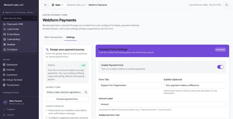 Webform Payments Settings tab: a Design your payment journey panel showing LIVE status, the hosted form URL, a Preview payment form button and a launch checklist, next to Payment Form Settings with an enable toggle, form title, subtitle and amount label.