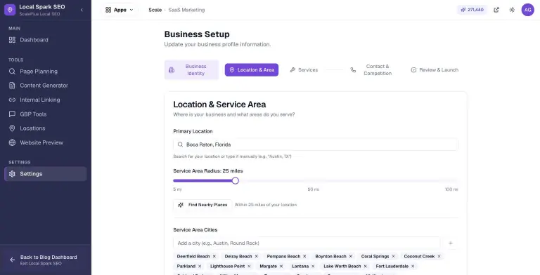 Location & Service Area step of the Local Spark SEO setup wizard with primary location Boca Raton, Florida, a service radius slider set to 25 miles, a Find Nearby Places button, and removable service-area city chips like Delray Beach and Fort Lauderdale.