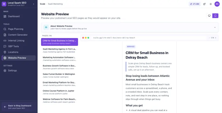 Local Spark SEO Website Preview in mobile view, with a list of 14 published pages on the left and the selected 'CRM for Small Business in Delray Beach' page rendered at phone width inside a browser frame, showing its page type, headline, meta description, and local content.