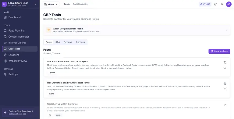 Local Spark SEO GBP Tools on the Posts tab with 10 generated Google Business Profile posts (7 unused), each showing a title, ready-to-paste post text, a category badge like Update, Event or Tip, copy and mark-as-used buttons, and a Used badge on posted items.