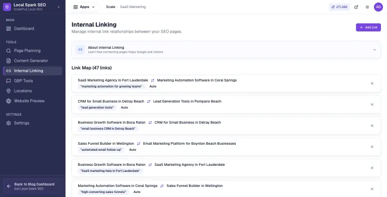 Local Spark SEO Internal Linking Link Map with 47 links between local pages, each row showing the source page, a two-way arrow, the target page, the anchor text badge, an Auto badge on generated links, and a delete control, with an Add Link button at the top.