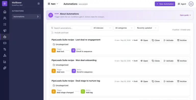 MailBaser automations list with PipeLeads Suite recipes such as Lost deal re-engagement, Won deal onboarding and Deal stage to nurture tag, each showing its trigger and action