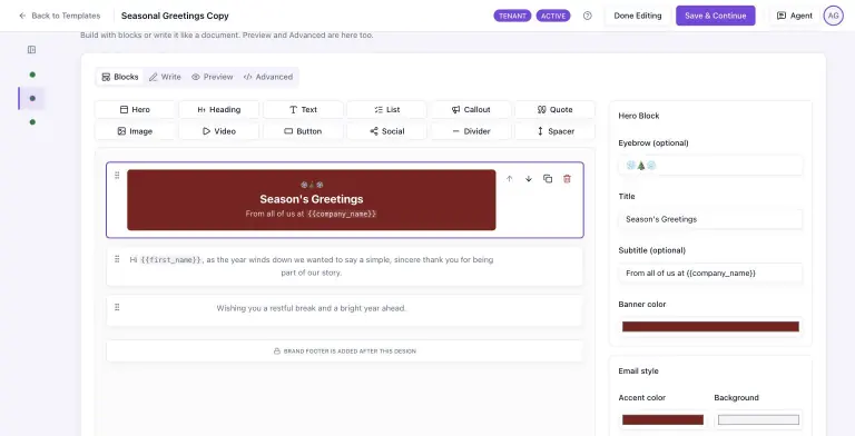 MailBaser block email designer with a block palette (hero, heading, text, image, button, social and more), a Season's Greetings hero block selected on the canvas, and its settings panel on the right