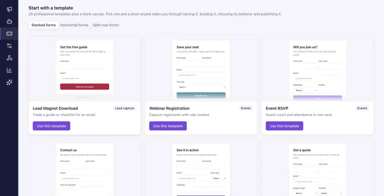 MailBaser opt-in form template gallery with stacked form designs such as Lead Magnet Download, Webinar Registration, Event RSVP, Contact us and Get a quote