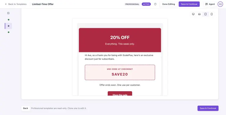 MailBaser preview of the Limited-Time Offer professional email template with a 20% OFF red banner, a SAVE20 coupon block and a Shop the sale button, plus device-size toggles