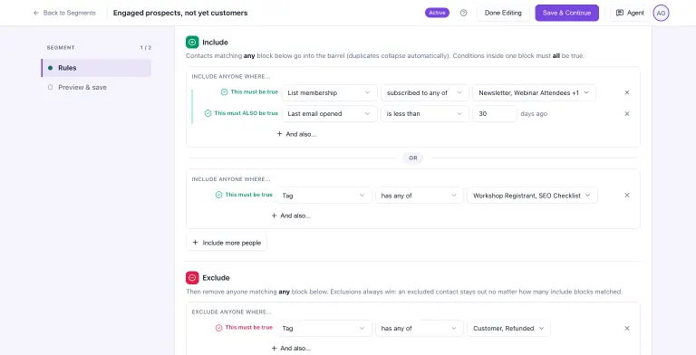 MailBaser segment builder for 'Engaged prospects, not yet customers' with two Include blocks joined by OR (newsletter or webinar subscribers who opened an email in the last 30 days, or anyone tagged Workshop Registrant or SEO Checklist) and an Exclude block removing contacts tagged Customer or Refunded