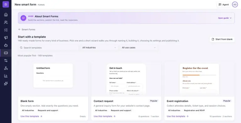 MailBaser Smart Forms gallery with 149 templates, search and industry filters, showing Blank form, Contact request and Event registration previews