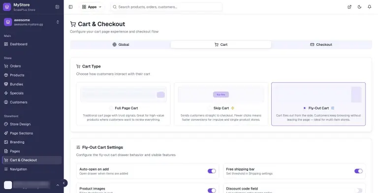 MyStore.gg Cart and Checkout settings on the Cart tab with Full Page Cart, Skip Cart and selected Fly-Out Cart options and fly-out drawer toggles