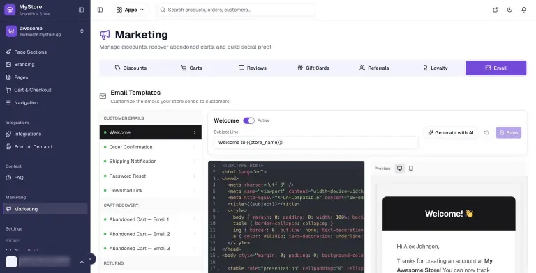 MyStore.gg Marketing Email tab with a list of customer, cart recovery and returns templates, an HTML code editor and a live preview of a Welcome email