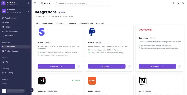 MyStore.gg Integrations page with 2 active, category tabs, and cards for Stripe, PayPal, Courses.gg, MailBaser (Connected), Zapier and Notion