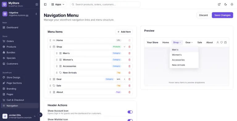 MyStore.gg Navigation Menu editor with a two-level drag-and-drop menu: Shop expanded to Men's, Women's and Accessories categories and a New Arrivals tag, plus an auto-populated Gear category, a Sale tag and an About page, beside a live header preview showing the Shop dropdown open