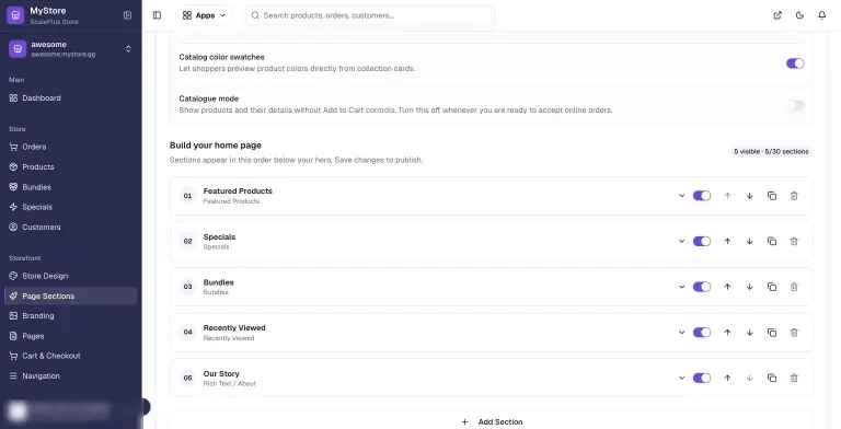 MyStore.gg Customize Your Store Sections tab showing catalog layout toggles and a Build your home page list of 5 sections: Featured Products, Specials, Bundles, Recently Viewed and Our Story