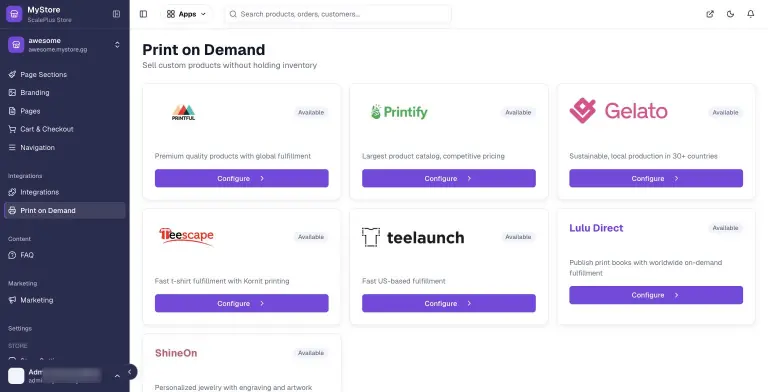 MyStore.gg Print on Demand screen with provider cards for Printful, Printify, Gelato, Teescape, teelaunch, Lulu Direct and ShineOn, each with a Configure button