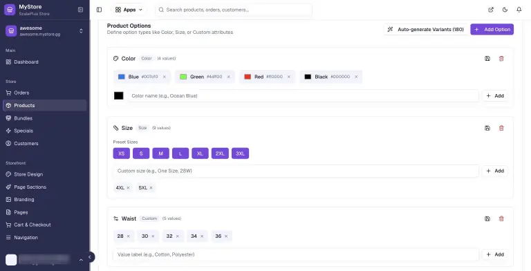 MyStore.gg product editor Variants tab showing Color swatches (Blue, Green, Red, Black), Size presets XS to 5XL, a custom Waist option, and an Auto-generate Variants (180) button