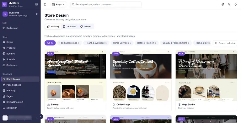 MyStore.gg Store Design screen on the Industry tab showing 48 industry designs with category filters and preview cards for Bakery, Coffee Shop and Yoga Studio storefronts