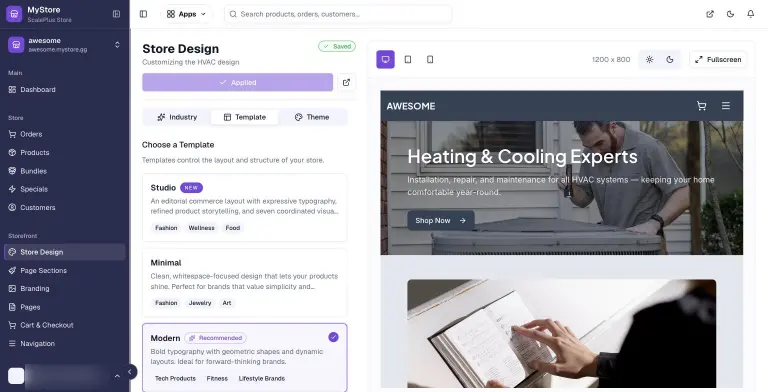 MyStore.gg Store Design Template tab listing Studio, Minimal and Modern templates beside a live desktop preview of an HVAC storefront