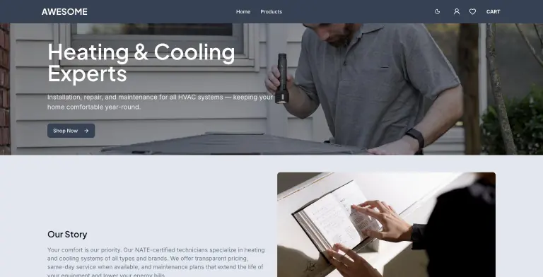 The live AWESOME storefront home page with a full-width Heating and Cooling Experts hero, Shop Now button and an Our Story section with a photo