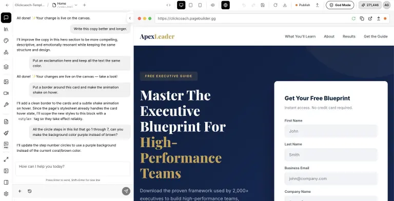PageBuilder.gg editor with an AI chat thread on the left showing several edit requests and replies, and a live preview of the ApexLeader executive-guide landing page on the right