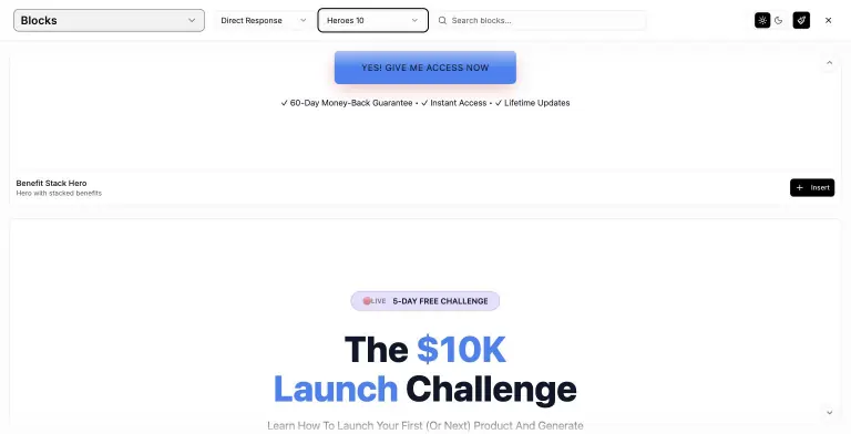 Blocks browser filtered to Direct Response Heroes, showing the Benefit Stack Hero with an Insert button and the next hero block, The $10K Launch Challenge