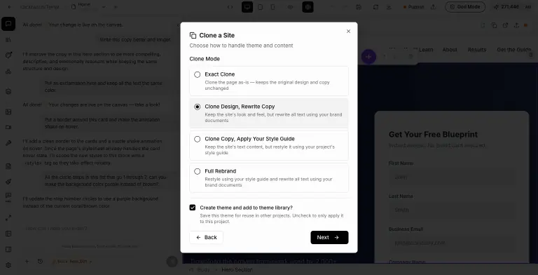PageBuilder.gg Clone a Site wizard on its Clone Mode step, listing Exact Clone, Clone Design Rewrite Copy (selected), Clone Copy Apply Your Style Guide, and Full Rebrand, with 'Create theme and add to theme library?' checked, over the dimmed editor