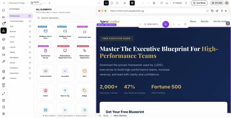 All Elements panel listing 44 elements, led by MailBaser Opt-in Form, MailBaser Smart Form, QuizFunnels Quiz and Survey, and WebinarBaser registration elements, next to the canvas