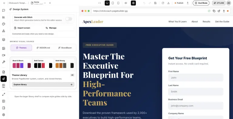 Design System panel with Themes, DESIGN.md, and BrandBaser sources, a Google Stitch connection, and Theme Library swatch cards (Blush & Bloom, Bold Canvas, Build Strong) next to the live page