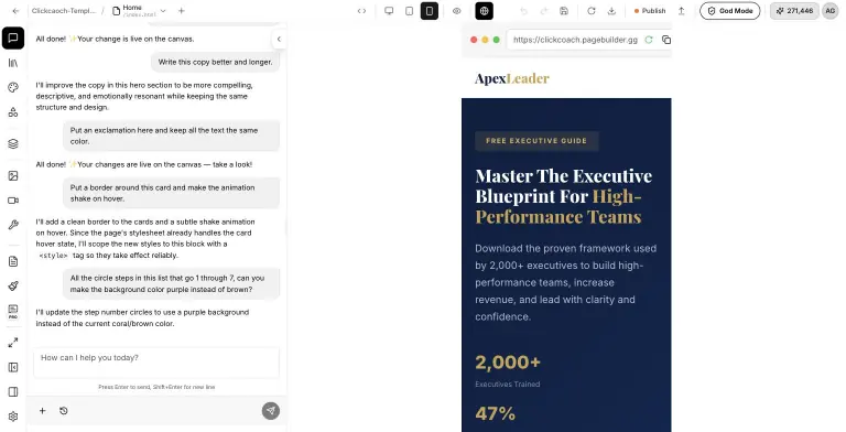 PageBuilder.gg editor with the chat panel open and the canvas switched to mobile width, showing the ApexLeader landing page inside a browser frame