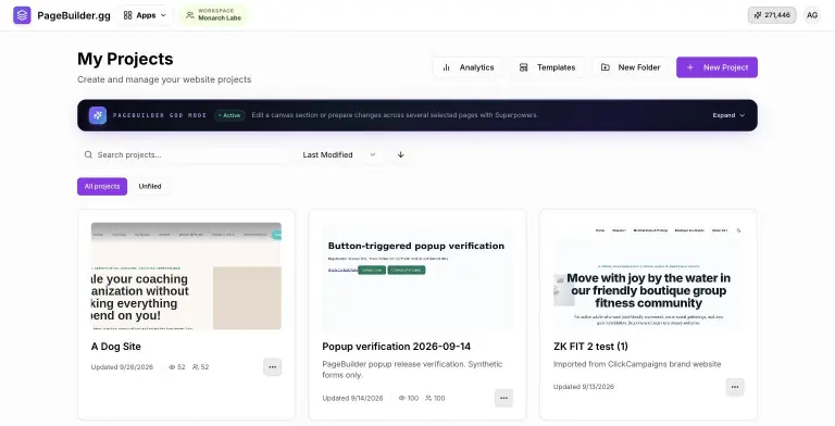 My Projects dashboard with Analytics, Templates, New Folder, and New Project buttons, the PageBuilder God Mode banner, search and sort controls, and project cards with page thumbnails and view counts