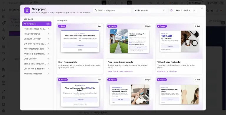 New popup template gallery with 30 templates grouped by use case, including a home buyer's guide, a 10% off first-order coupon, and a cart-saved exit offer
