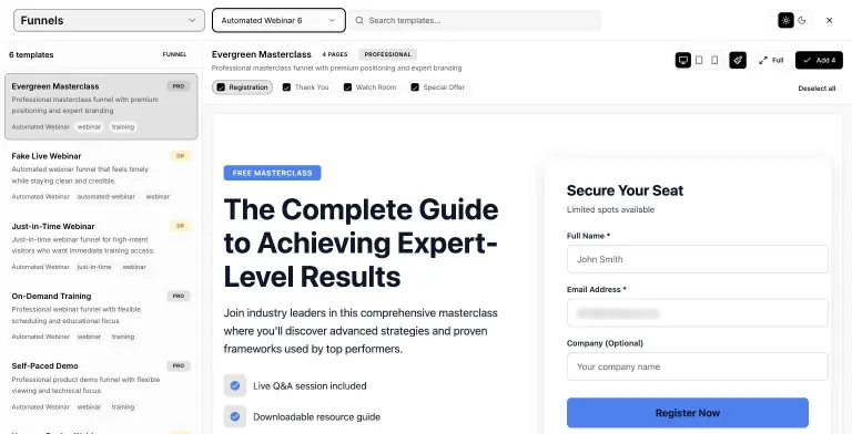 Funnels library filtered to Automated Webinar, listing six webinar funnels with the four-page Evergreen Masterclass funnel previewing its registration page