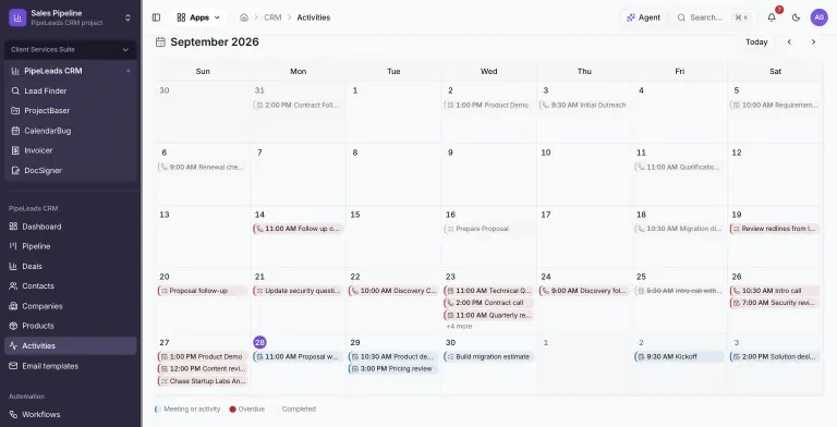 September 2026 month calendar of CRM activities with color-coded calls, meetings and tasks, overdue items in red, completed items struck through, and today (the 28th) highlighted