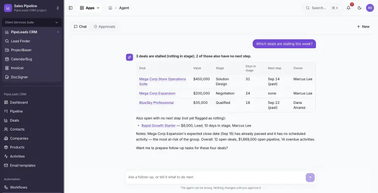 Agent chat answering Which deals are stalling this week? with a table of three stalled deals (Mega Corp Store Operations Suite, Mega Corp Expansion, BlueSky Professional) showing value, stage, days in stage, next step and owner as linked records, plus notes and an offer to prepare follow-up tasks