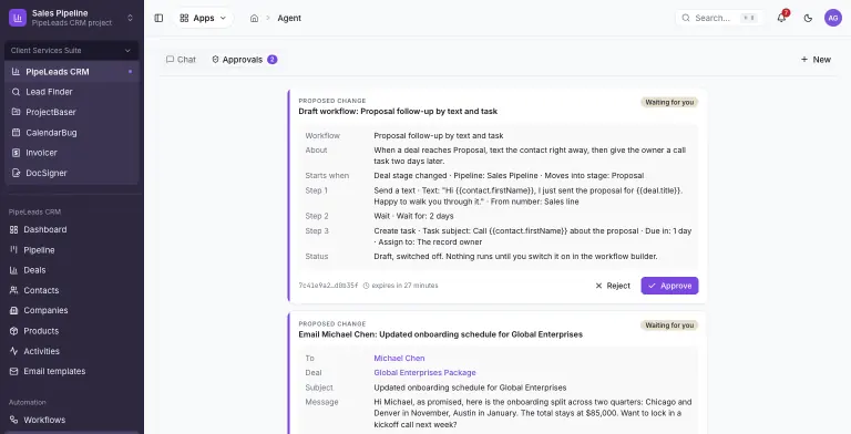 Agent Approvals tab with 2 waiting proposals. The first is a drafted workflow, Proposal follow-up by text and task: it starts when a deal moves into the Proposal stage, sends a text with merge fields, waits 2 days, then creates a call task for the record owner, and its status reads Draft, switched off. The second is an email to Michael Chen about the Global Enterprises Package. Each card has an approval hash, an expiry countdown and Reject and Approve buttons