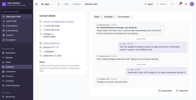 Contact page for Michael Chen at Global Enterprises, with the Conversation tab showing 7 messages in one thread: a proposal email and his emailed reply asking to split onboarding across two quarters, then texts back and forth about the updated schedule, procurement and a Tuesday call. Messages are grouped by day, with the team's messages on the right and his replies on the left, and Send email and Send text buttons below