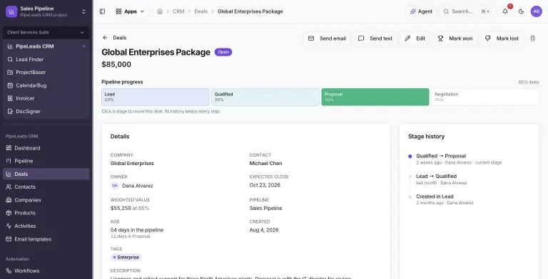 Deal page for Global Enterprises Package, $85,000 and Open, with a pipeline progress bar at Proposal (65% likely), a details card (company, contact, owner, weighted value, age, expected close, tags) and a stage history timeline