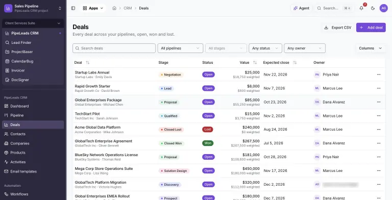 Deals table with search, pipeline, stage, status and owner filters, listing deals such as Global Enterprises Package ($85,000, Proposal) and Mega Corp Store Operations Suite ($450,000, Solution Design) with stage chips, Open/Won/Lost badges, weighted values, expected close dates and owners