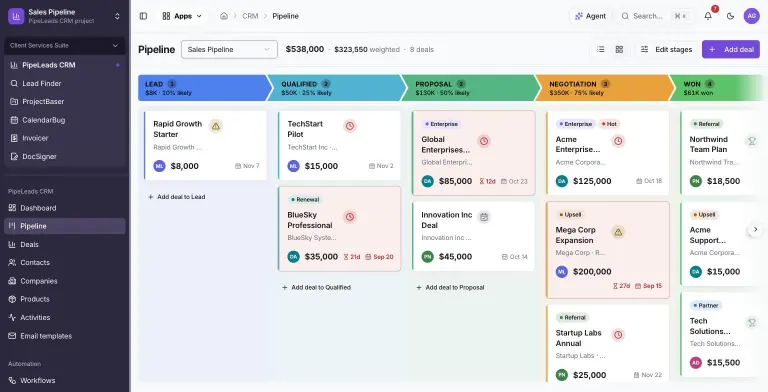 PipeLeads CRM pipeline board with colored Lead, Qualified, Proposal, Negotiation and Won stage columns, each holding deal cards with values, owner avatars, tags, rotting and overdue badges and close dates; header shows $538,000 open and $323,550 weighted across 8 deals