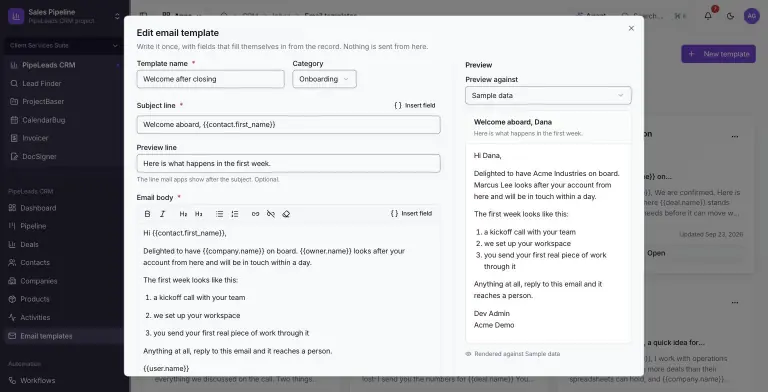 Edit email template dialog for Welcome after closing: subject, preview line and a rich-text body with contact, company and owner merge fields on the left, and a live preview on the right that renders the email as Welcome aboard, Dana with Acme Industries and Marcus Lee filled in