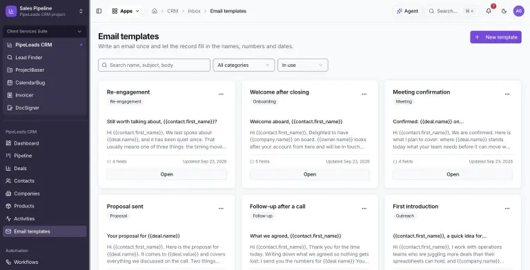 Email templates gallery with category filters and cards for Re-engagement, Welcome after closing, Meeting confirmation, Proposal sent, Follow-up after a call and First introduction, each showing a subject and body preview with merge fields