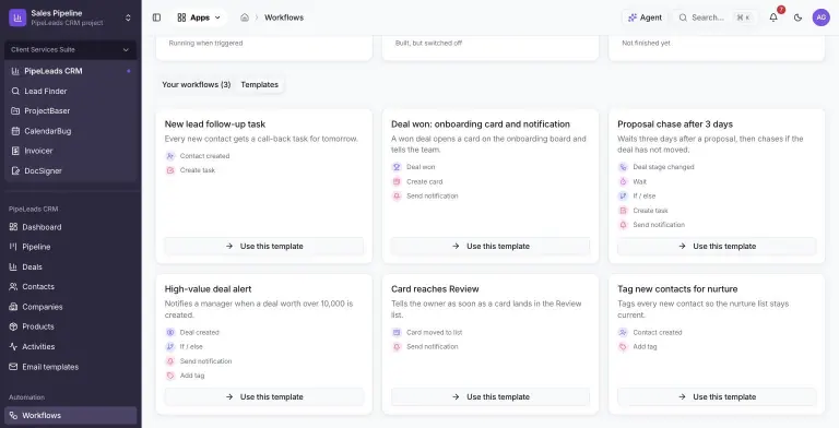 Workflow Templates tab showing six recipe cards: New lead follow-up task, Deal won onboarding card and notification, Proposal chase after 3 days, High-value deal alert, Card reaches Review and Tag new contacts for nurture, each listing its trigger and steps with a Use this template button